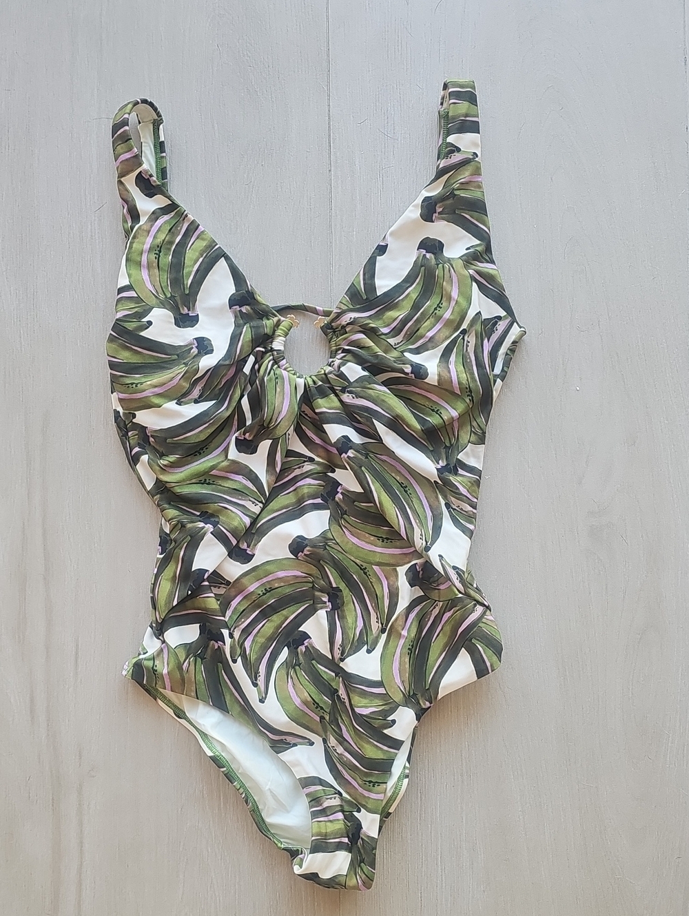 Green Banana-Print One-Piece Swimsuit with Front Ring
